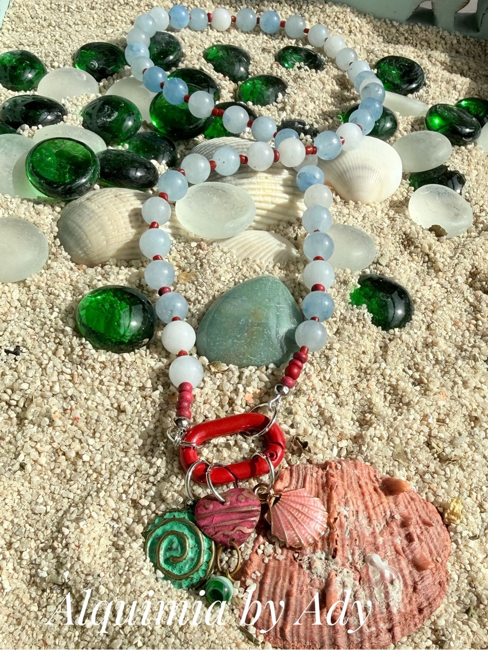 Aquamarine & Coral beaded Necklace  Red enamel Loop Green patina shell charms